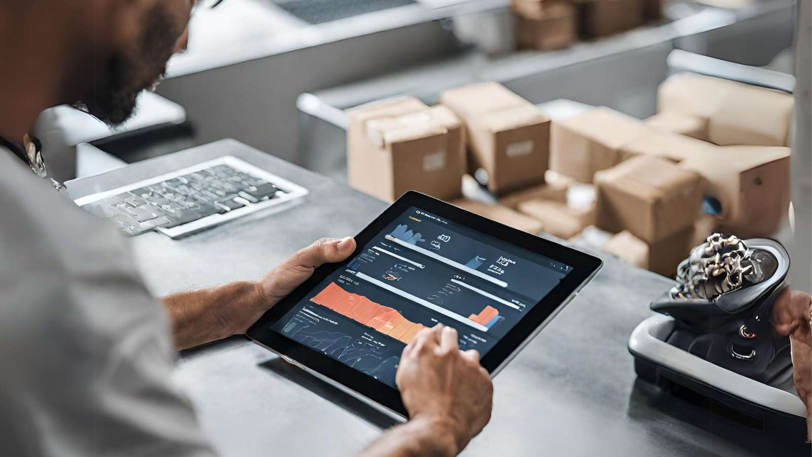 A person using supply chain solutions software on a tablet device 